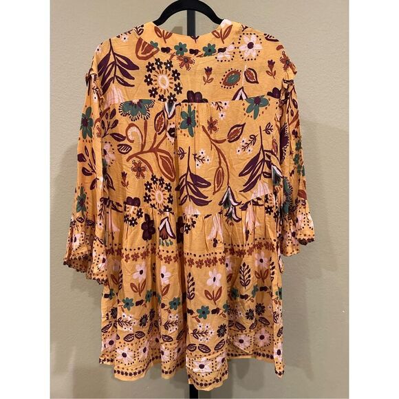 Easel Los Angeles Boho Mustard Yellow Multicolor Floral Babydoll Tunic Top Size - Picture 3 of 7